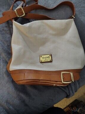 Valentina Cream and Brown Leather Shoulder Bag with Gold Plate